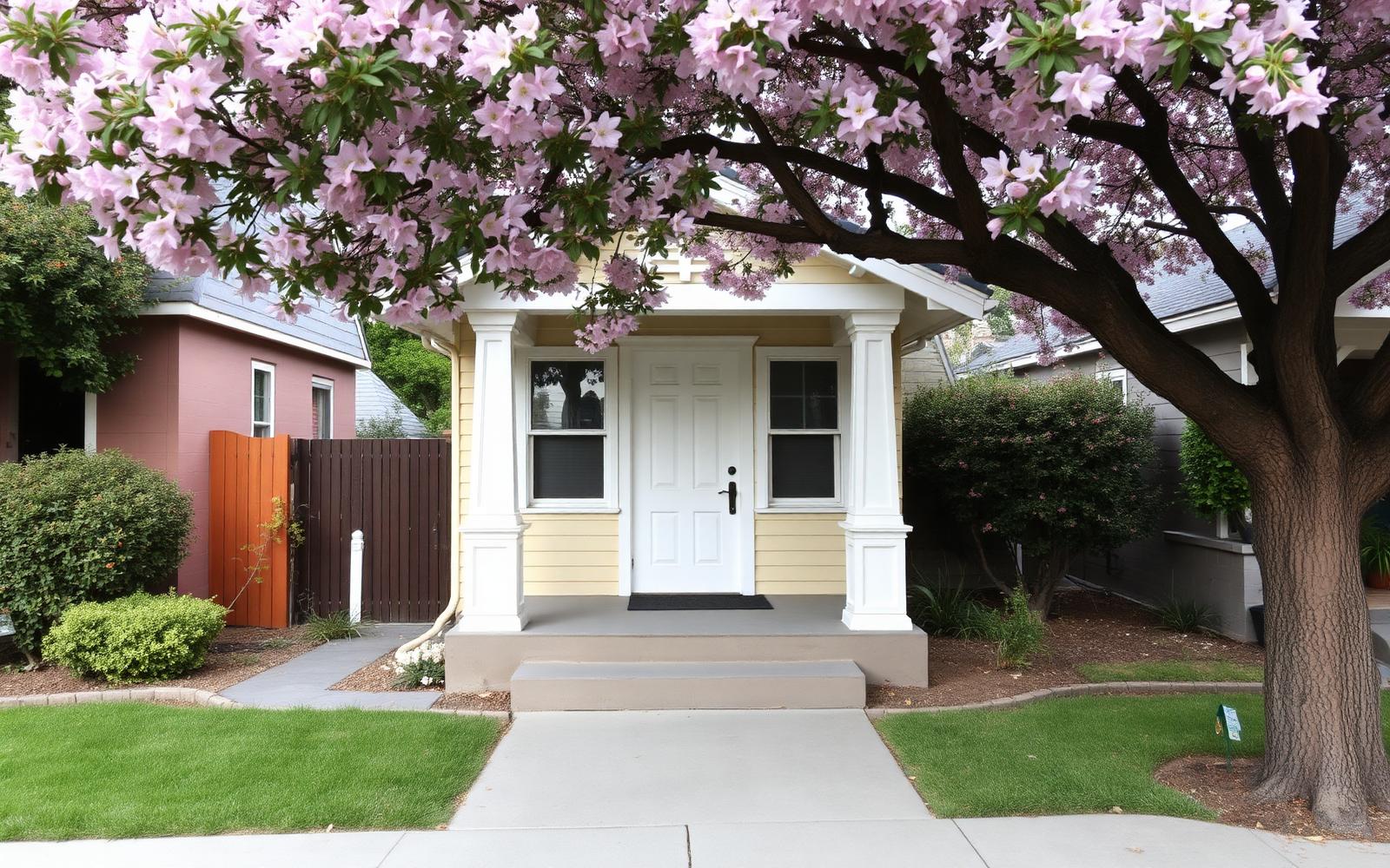 Jacaranda-lined residential street in Highland Park Los Angeles with a newly replaced fence line