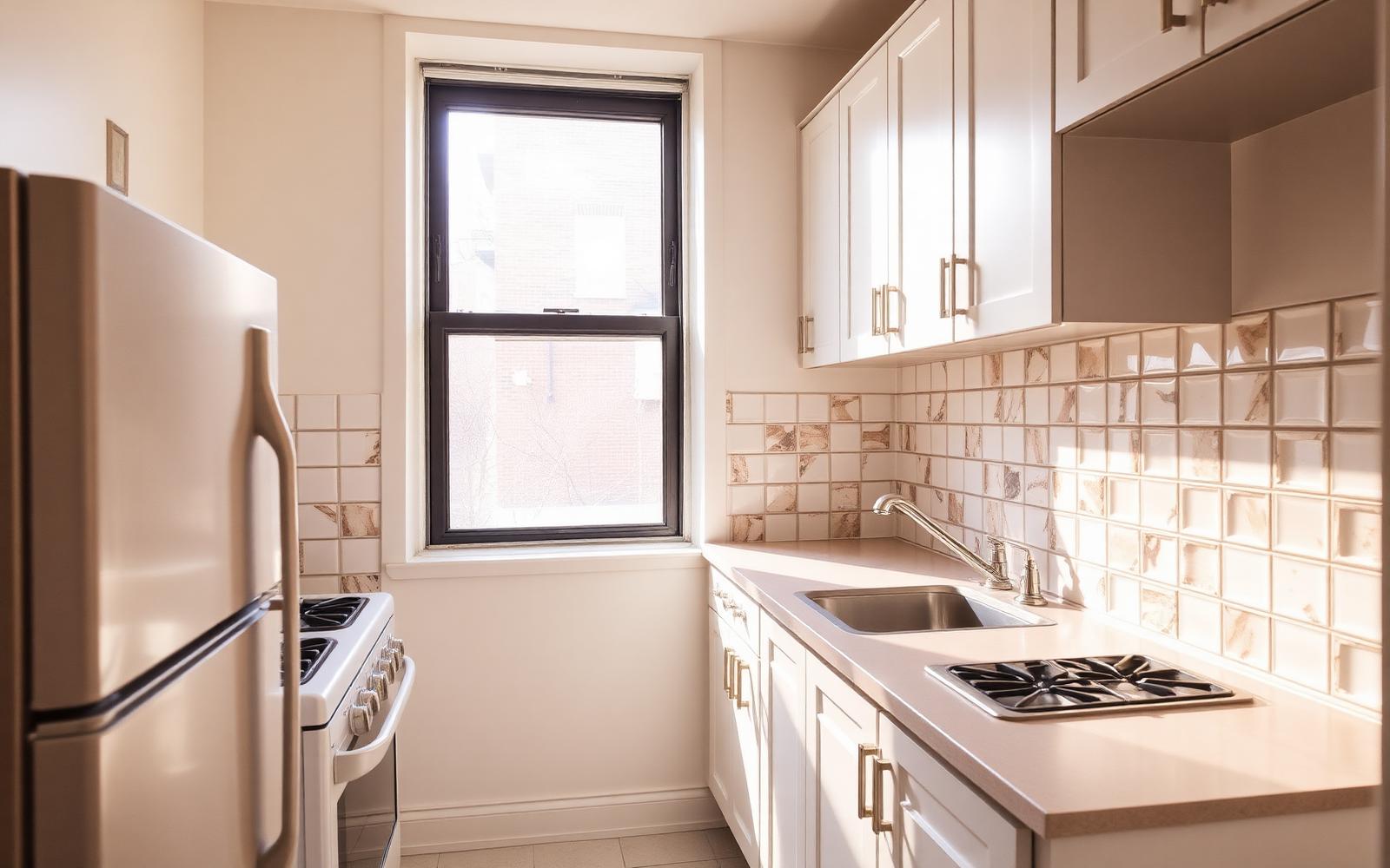 Gut-renovated prewar kitchen in a Manhattan co-op apartment with original crown molding kept intact
