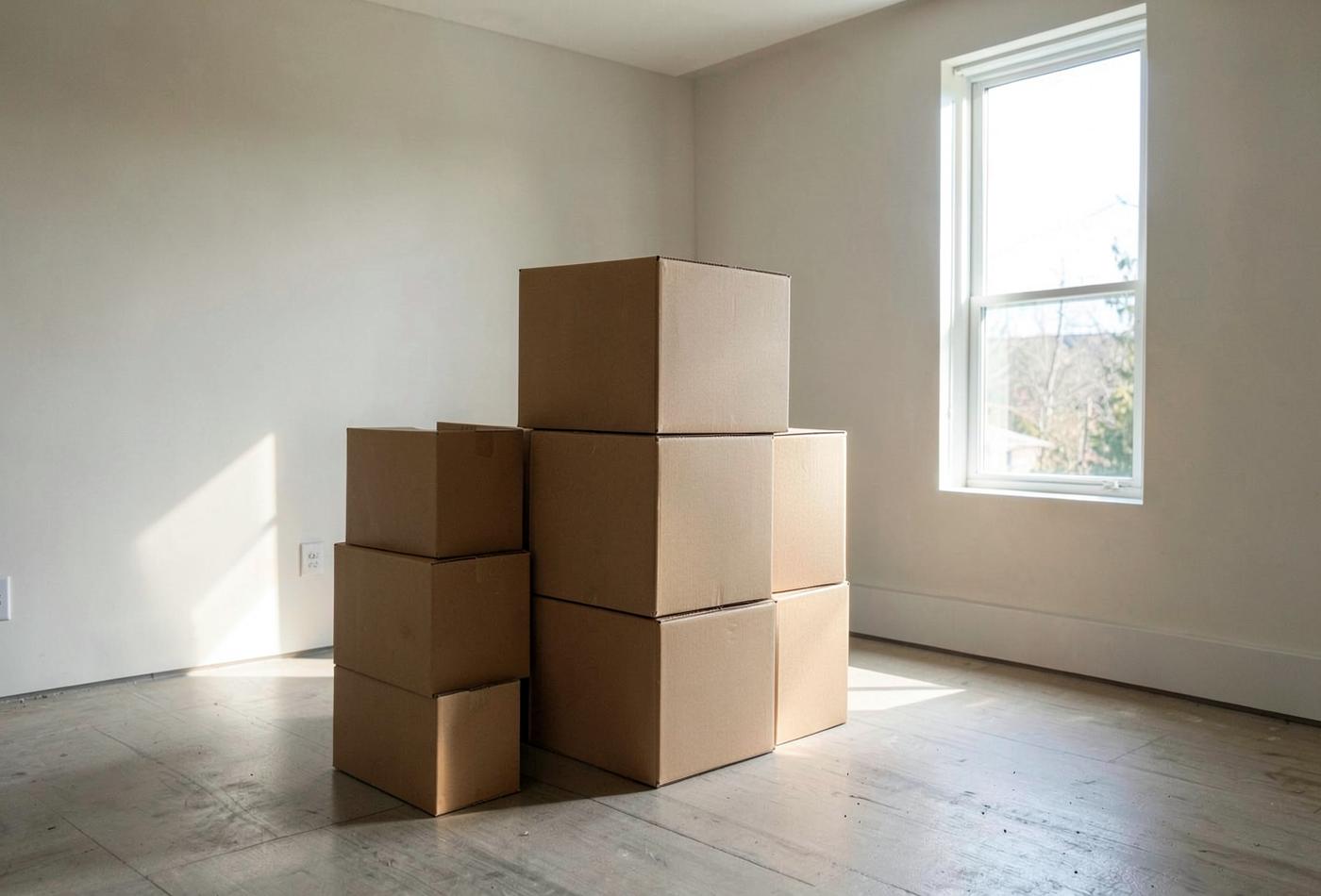 Plain unmarked cardboard moving boxes stacked in the empty sunlit front room of a newly built home
