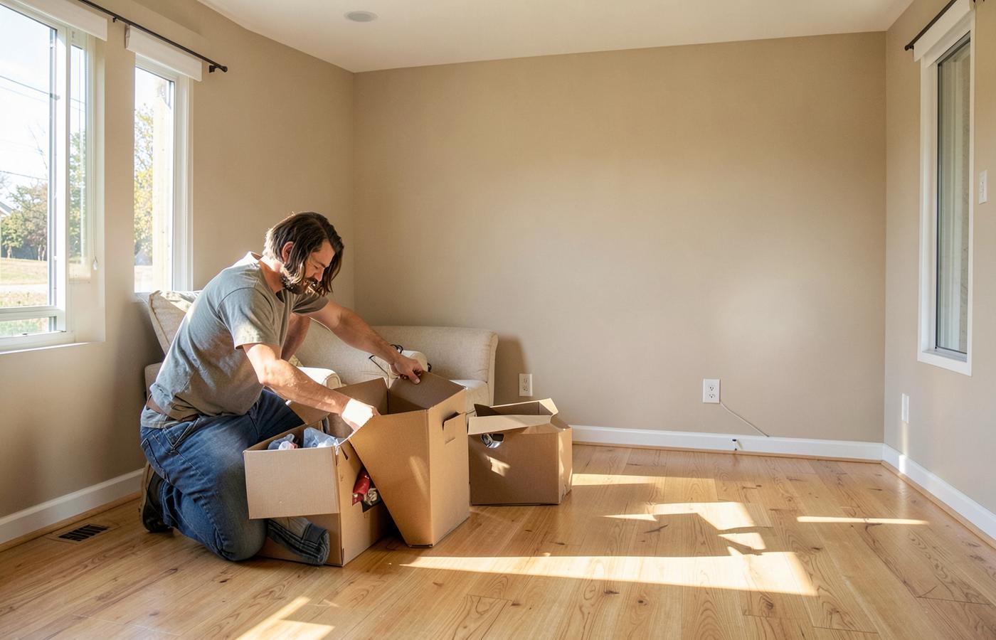 Man unpacking plain cardboard boxes in the empty sunlit living room of a newly bought suburban house