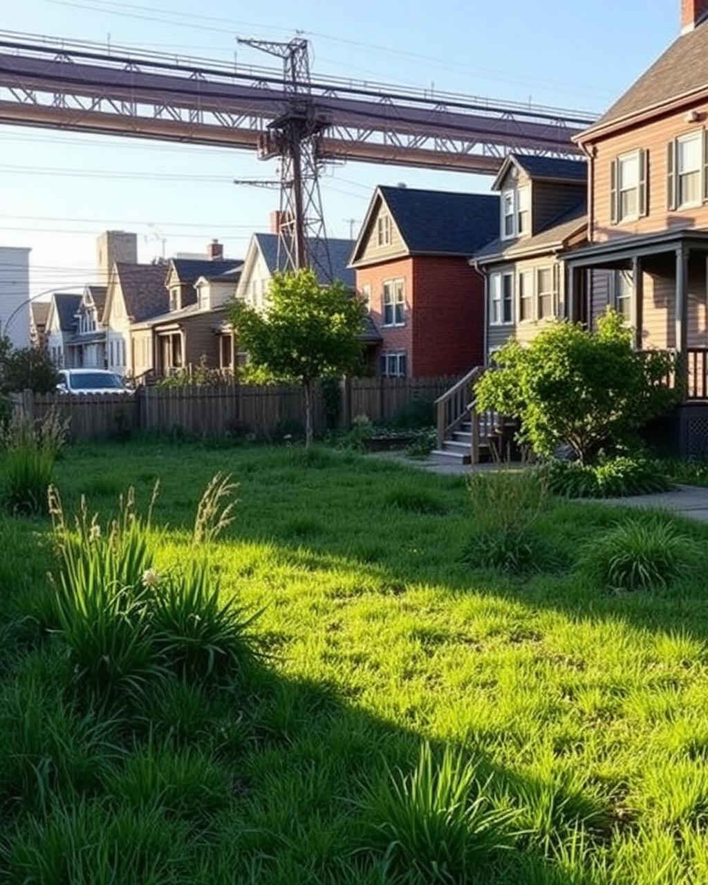 Grassy reclaimed lot between older houses in a former industrial neighborhood in late afternoon light