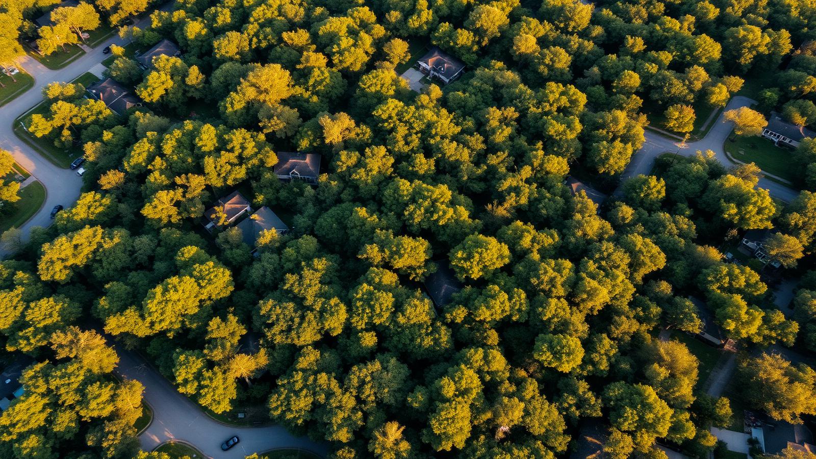 Aerial view of a leafy Tallahassee suburban neighborhood under dense tree canopy