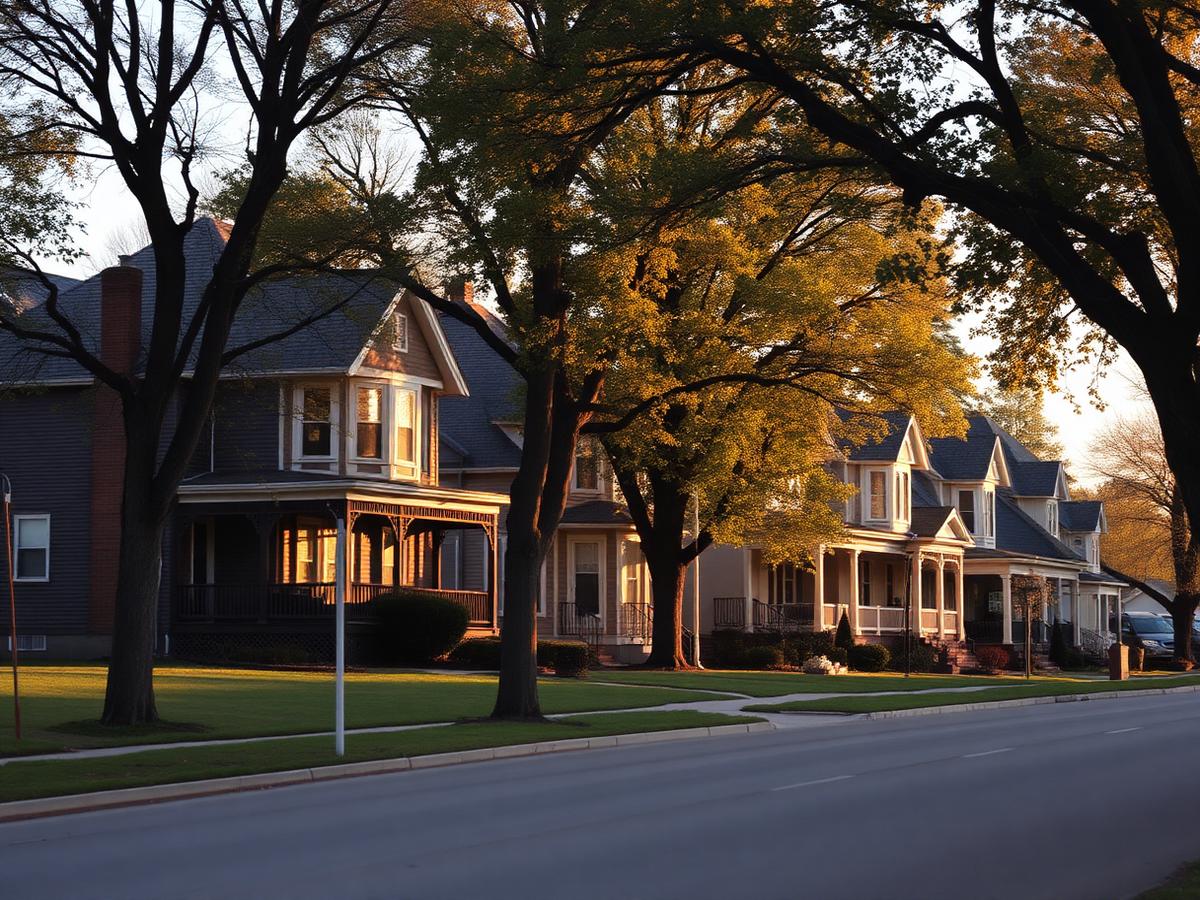 Front porch of a modest older home with steps and railing overlooking a tree-lined Springfield street at dusk