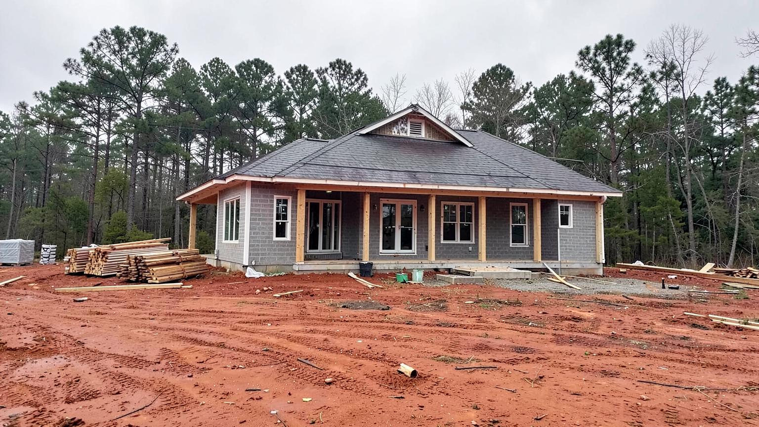 Newly framed suburban house under construction on a bare red clay lot with lumber stacked nearby and pines behind