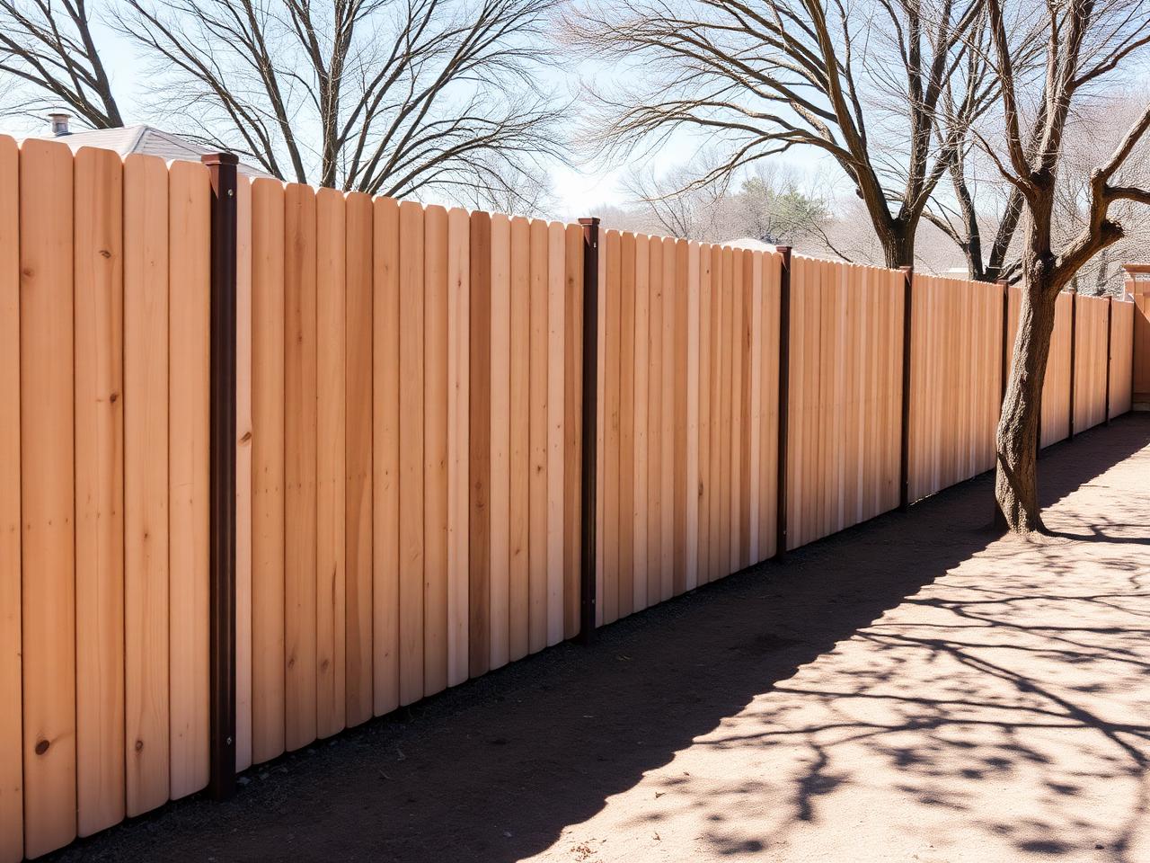 Newly installed cedar windbreak fence in a Lakeridge Lubbock backyard after a spring wind event