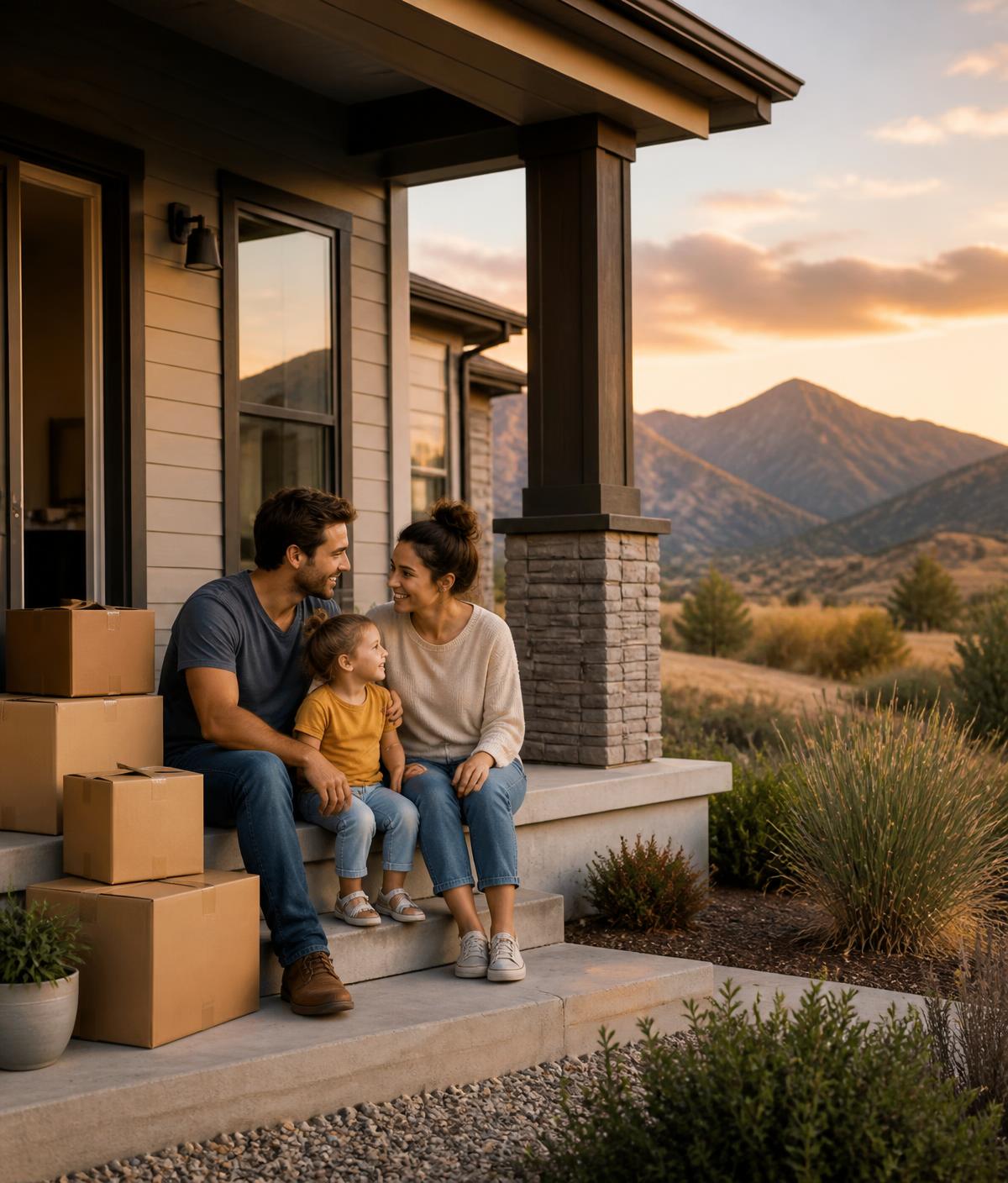 New homeowners in front of a finished patio in a Riverton, Utah subdivision