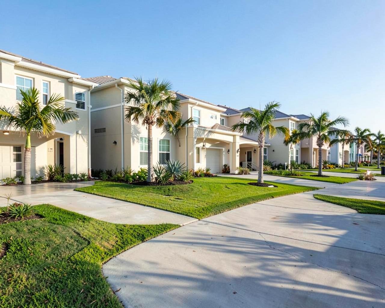 Newly built coastal subdivision houses with young palms, fresh sod and new concrete driveways