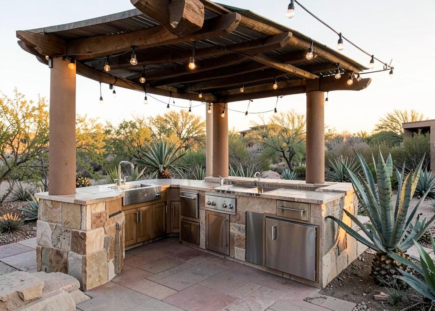 Outdoor kitchen under a timber pergola on a stone patio surrounded by agaves at golden hour