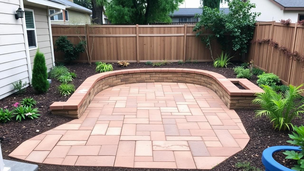 Finished backyard paver patio with a seat wall on a compact lot in Oakland's Dimond district