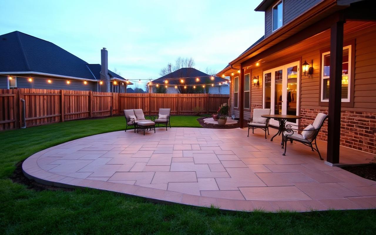 Newly poured stamped concrete backyard patio at dusk with simple outdoor furniture and warm lighting