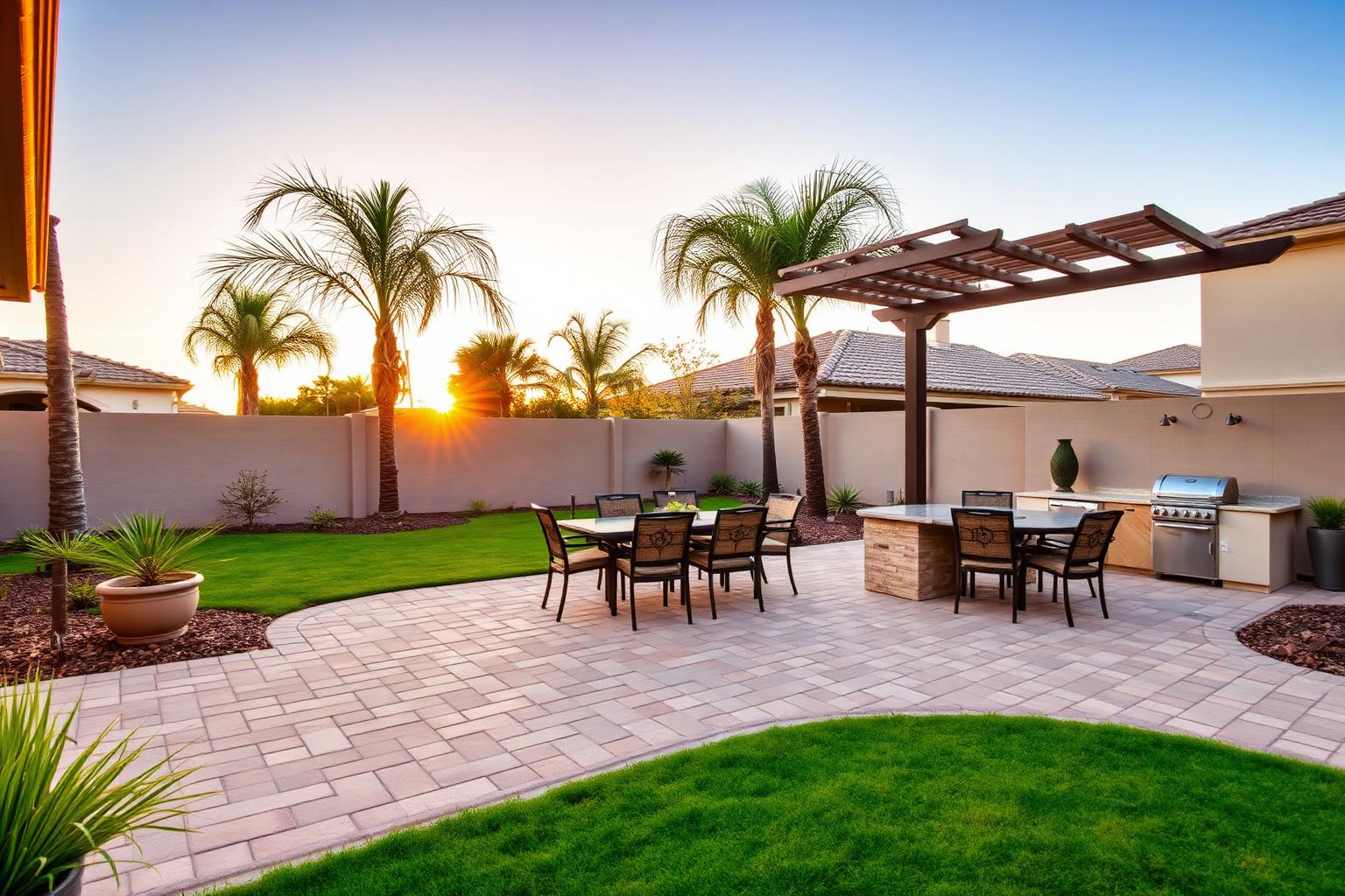 Finished backyard paver patio in a West Anaheim tract home backyard