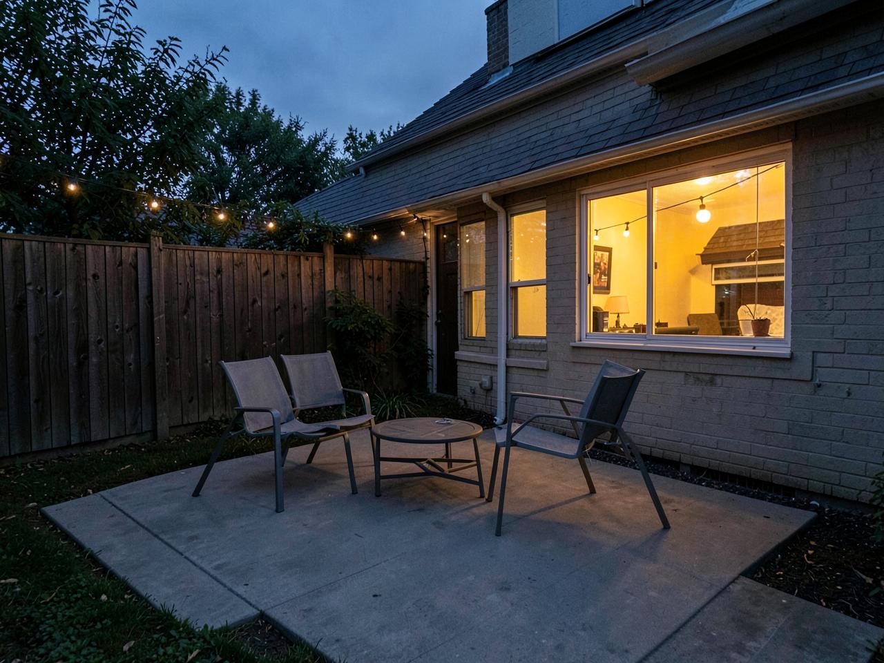 Modest backyard concrete patio with simple metal chairs at dusk beside warmly lit house windows