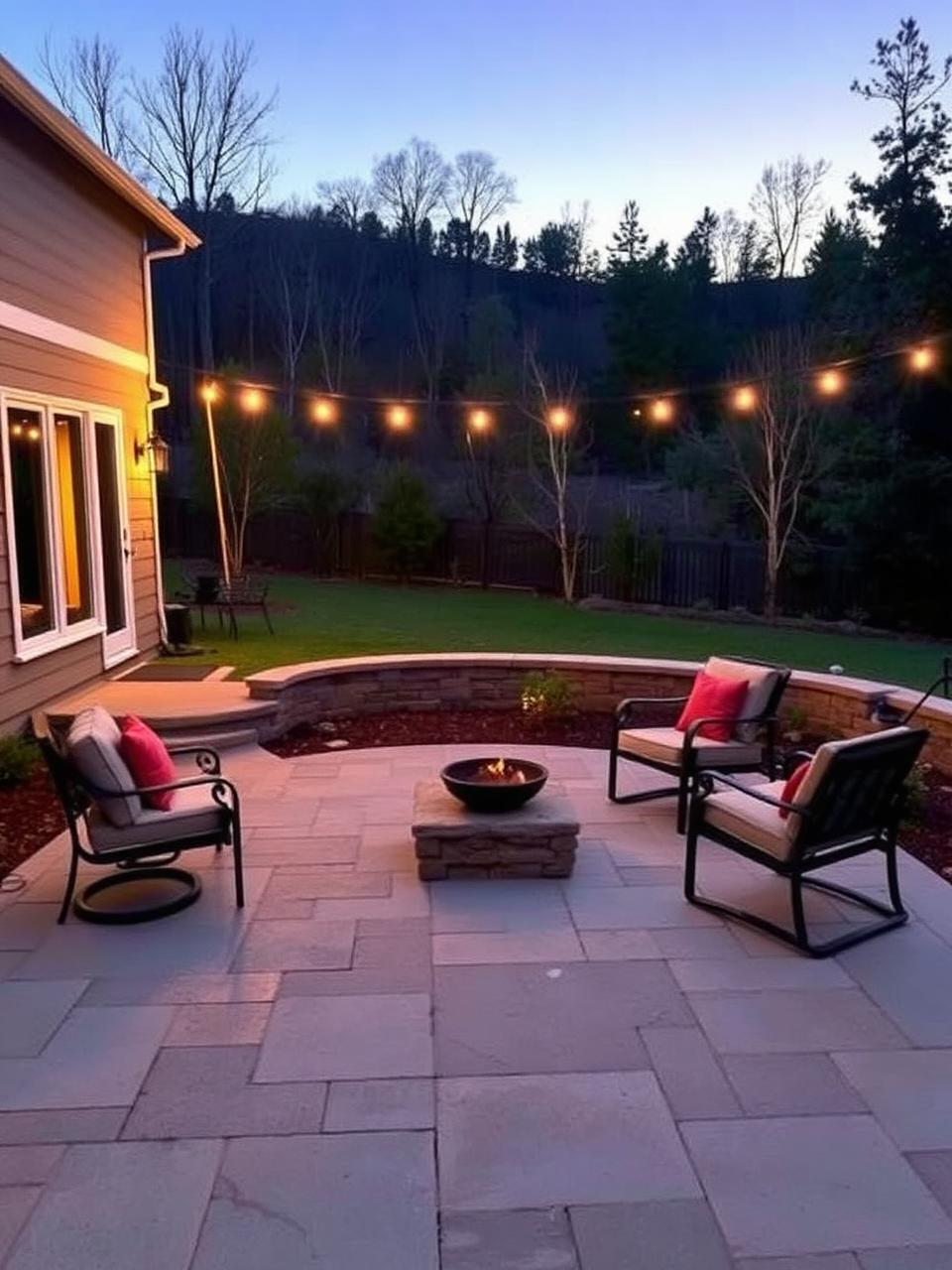 Backyard stone patio at dusk with simple furniture, a fire bowl, and warm string lights against a wooded slope