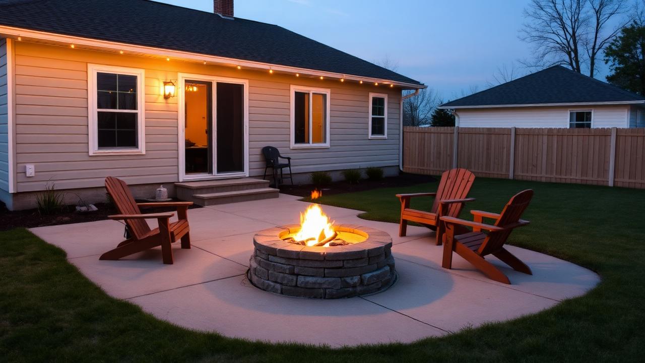 Backyard concrete patio with a stone fire pit and wood chairs behind a modest house at dusk