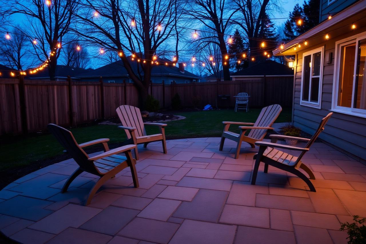 A backyard patio glowing at dusk in a new Columbus-area subdivision, set up for evening gatherings