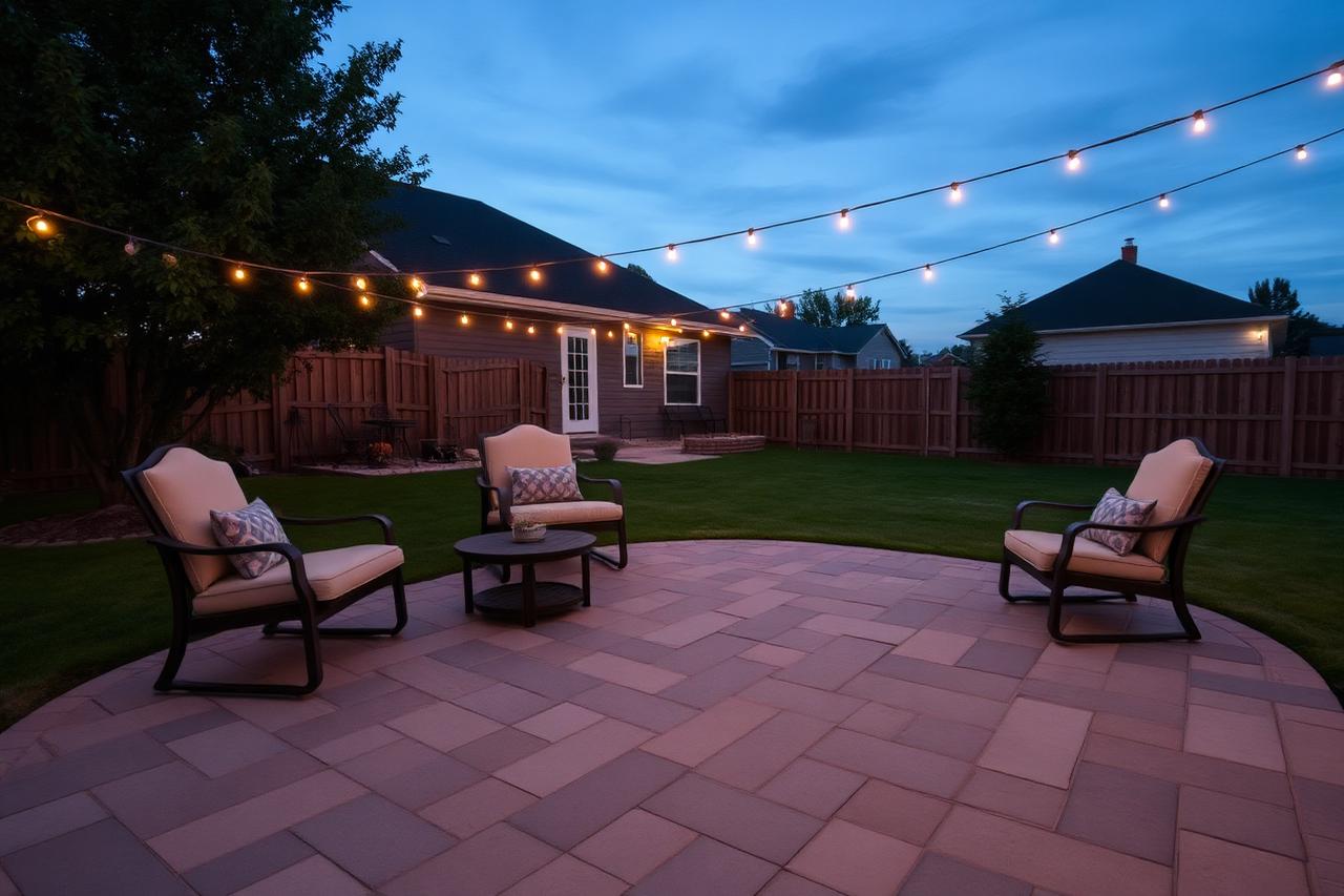 A backyard patio glowing at dusk in a Champaign neighborhood, set up for evening gatherings