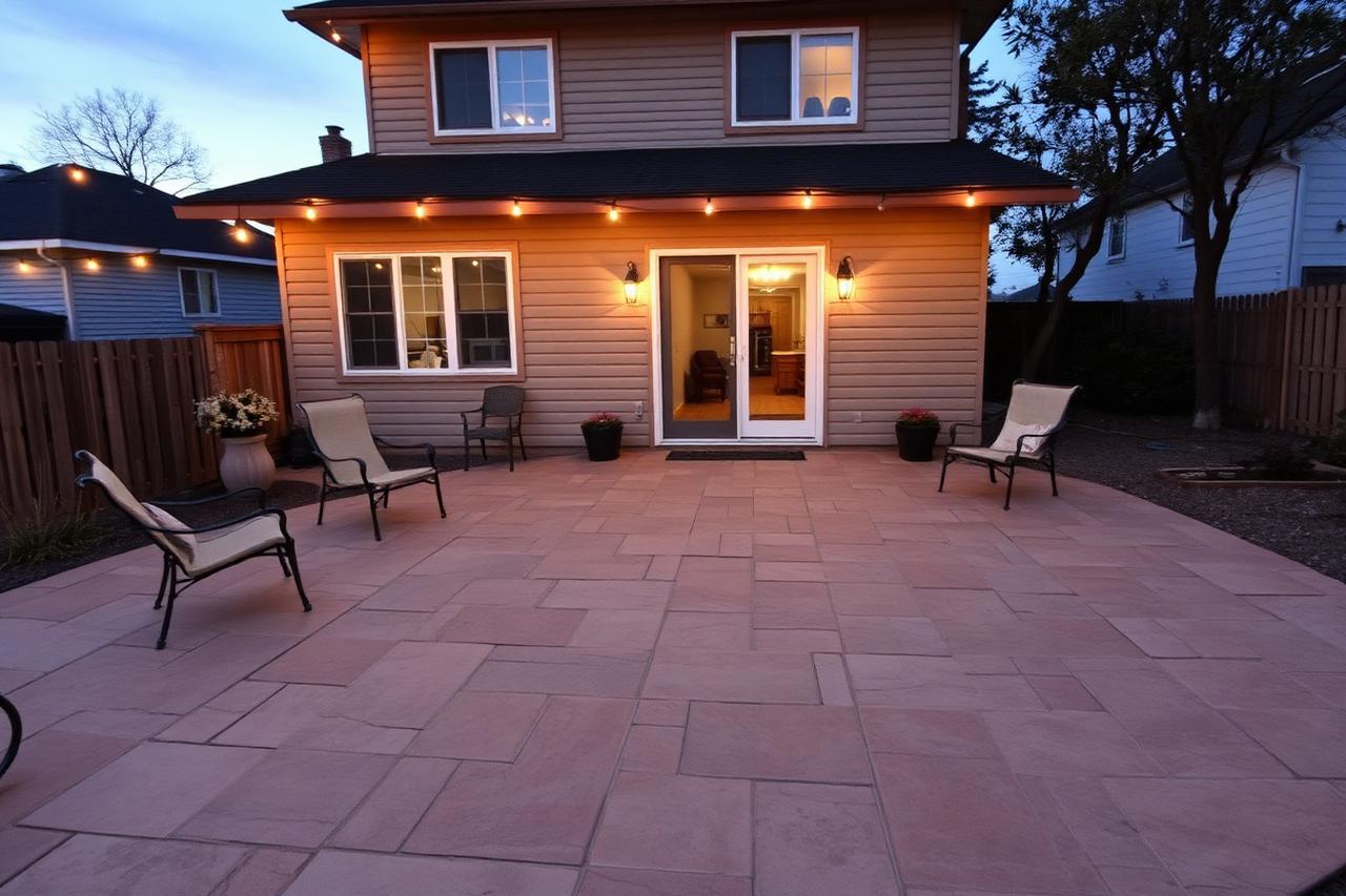 Stamped concrete patio behind an older two-story home lit by string lights at dusk