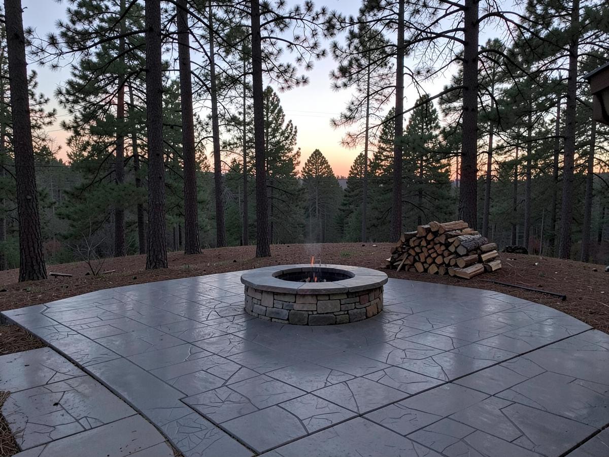 Stamped concrete patio with a stone fire pit in a wooded backyard at dusk with stacked firewood