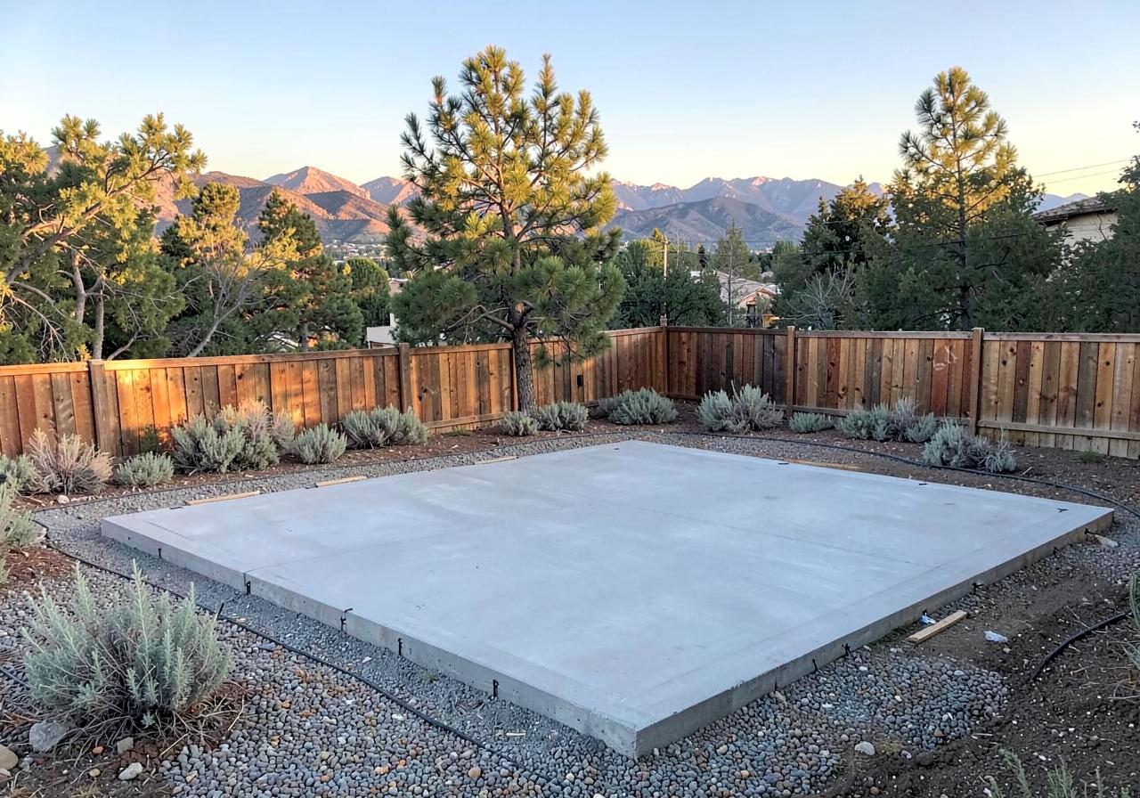 Freshly poured concrete patio slab in a gravel backyard bordered by a wood fence with mountain ridges behind