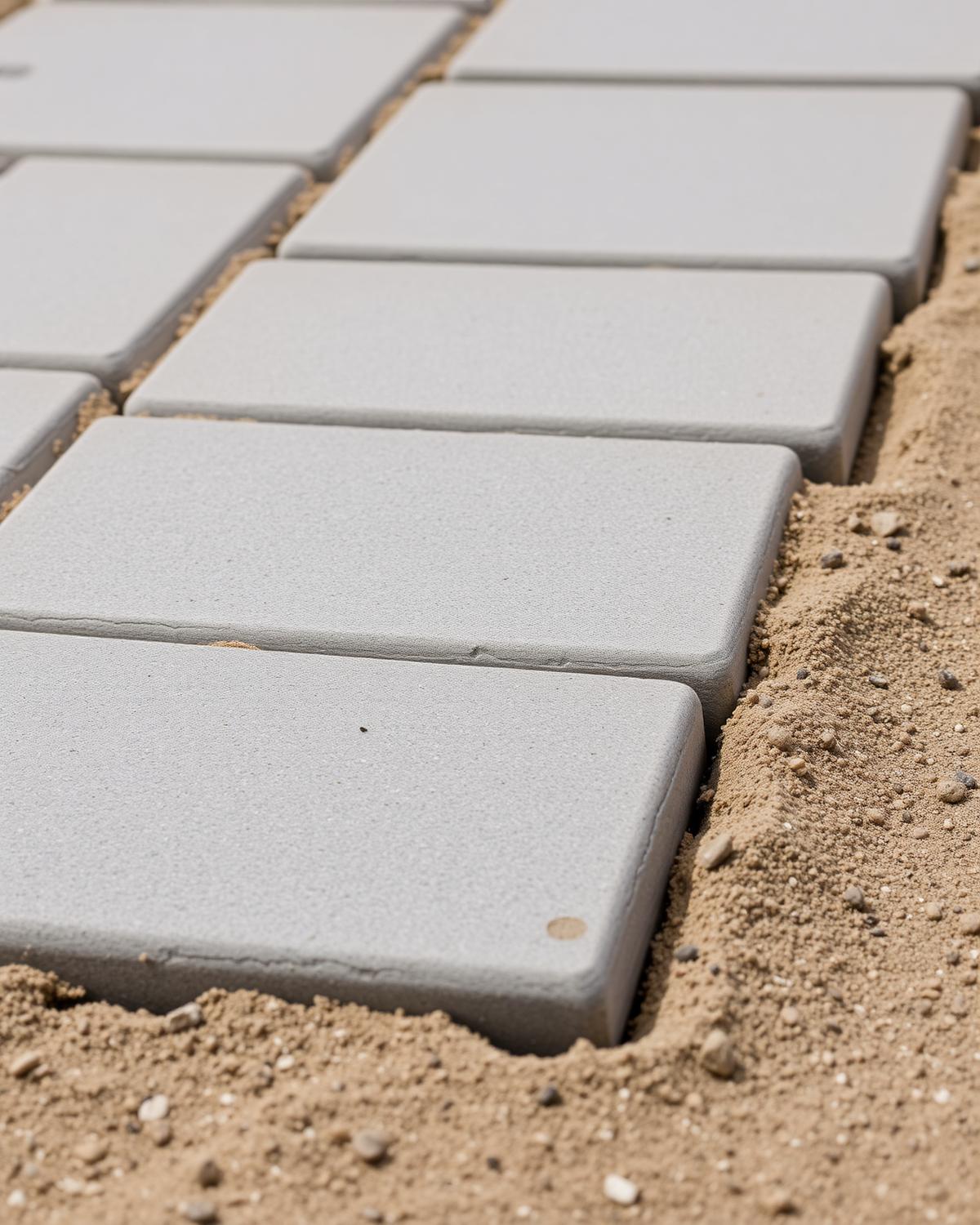 Close-up of concrete paver stones set into leveling sand on a Jacksonville job site