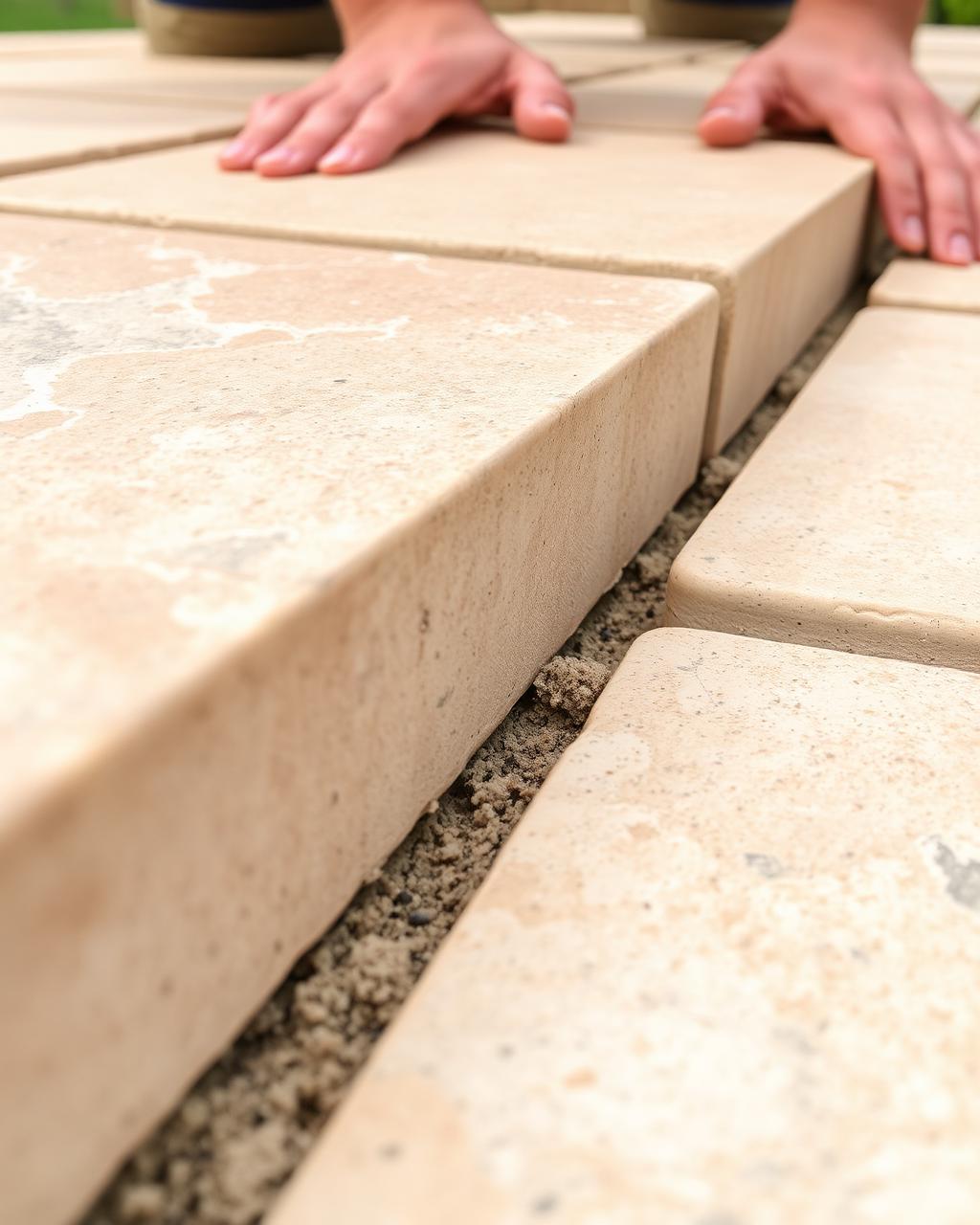 Close-up of travertine paver edges being set into sand joints on a Miami patio project