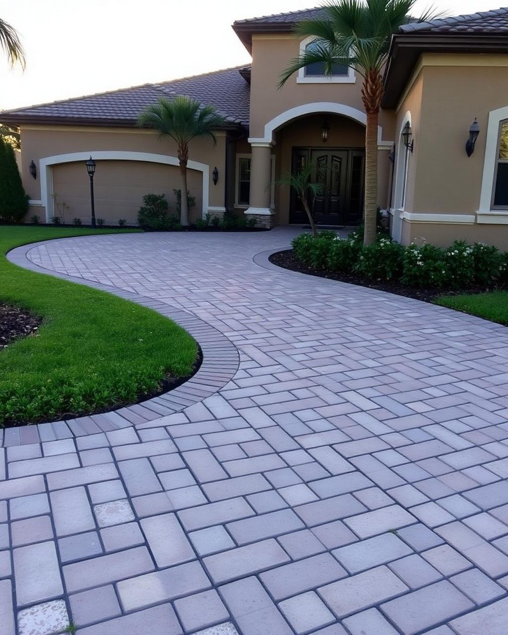 Herringbone paver driveway leading to a two-car garage in a new Winter Garden development