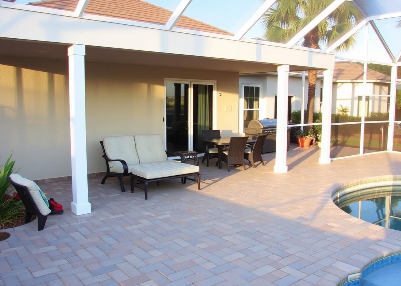 Finished paver patio and screened pool enclosure behind a Jacksonville home in warm evening light