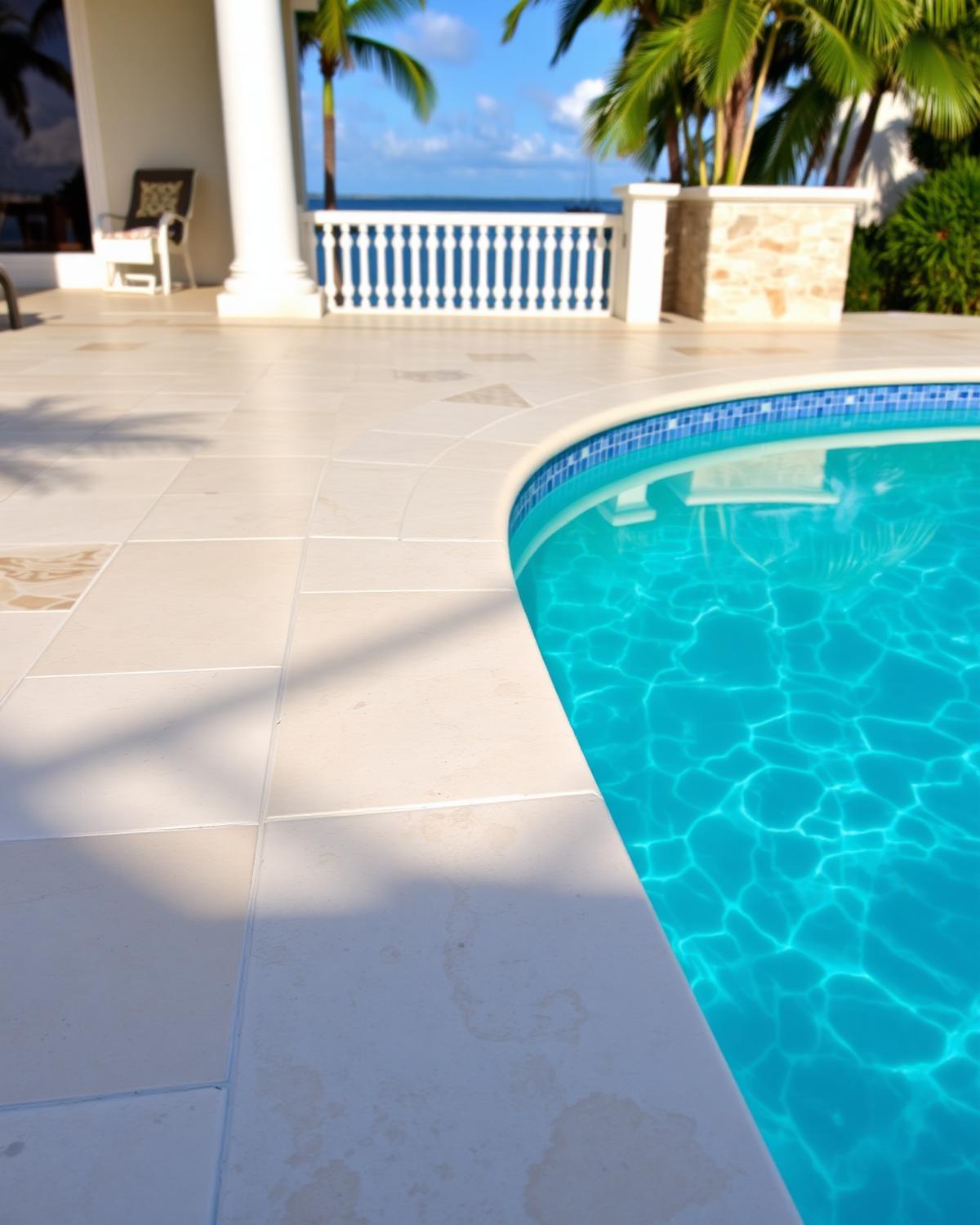 Travertine paver pool deck beside a turquoise swimming pool at a Fort Lauderdale waterfront home