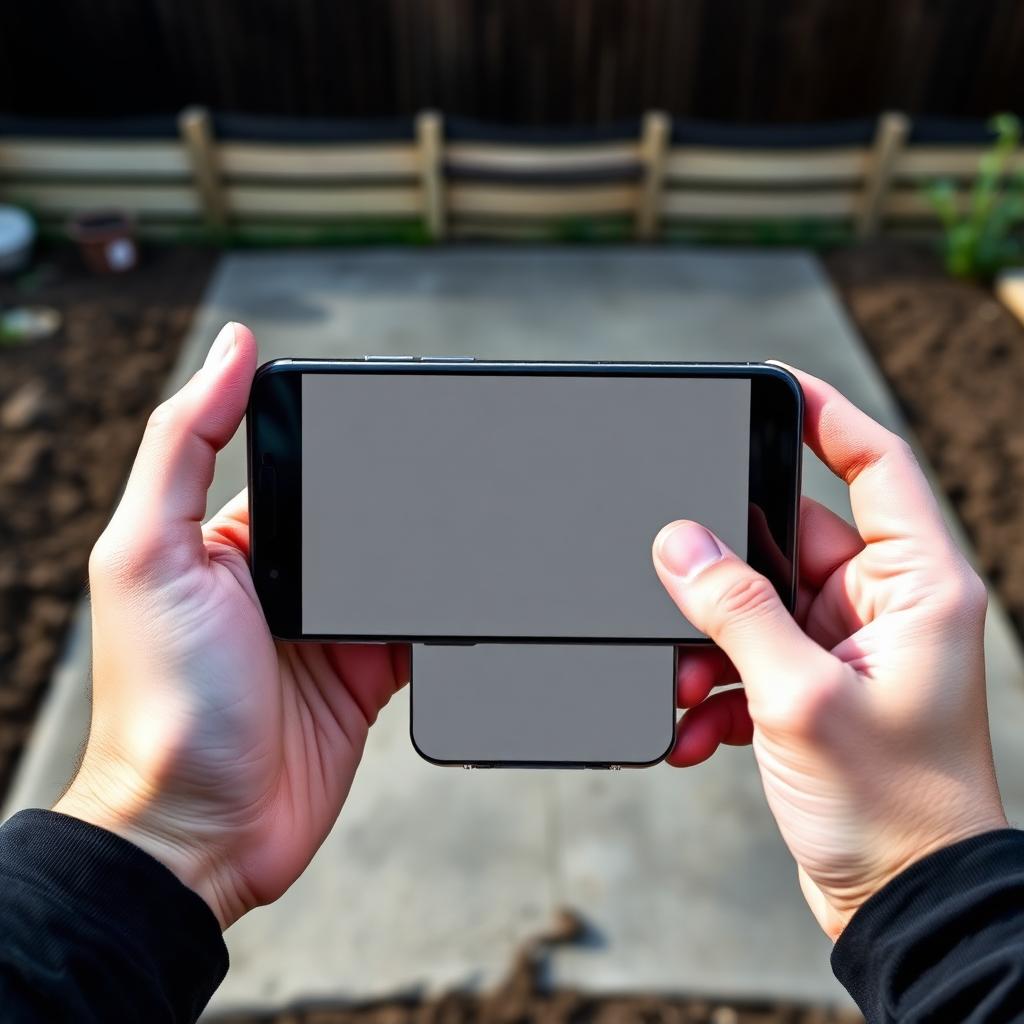 Hands holding a phone with a blank screen in front of a fresh backyard concrete pour