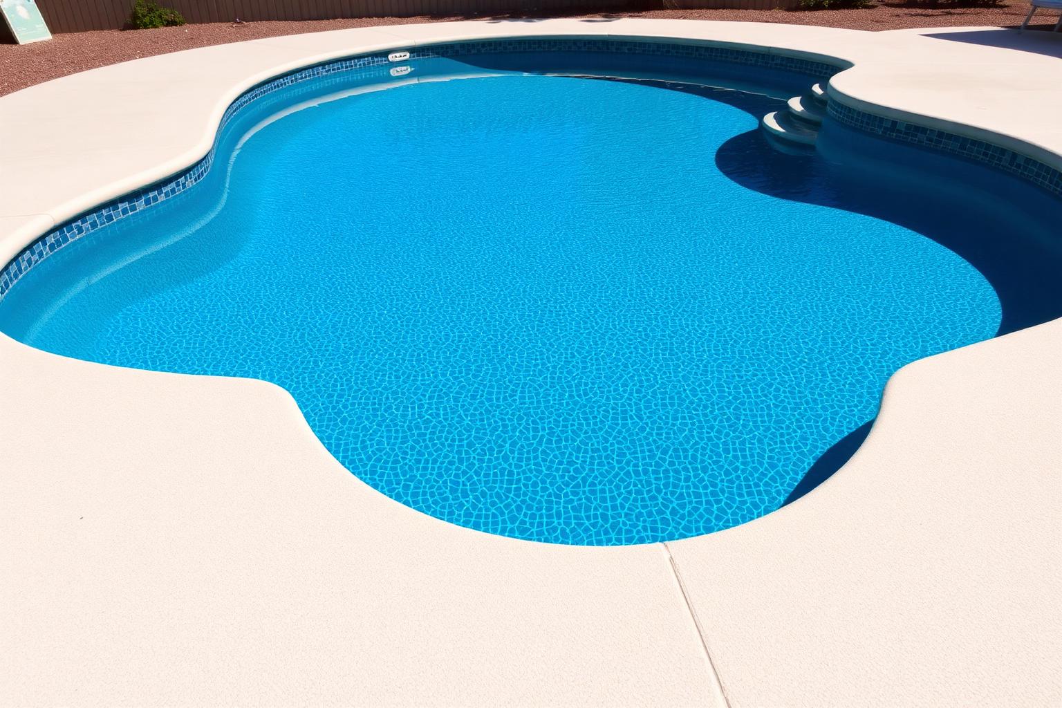 Cool-tone resurfaced pool deck bordering a backyard pool in a Rockwall County backyard