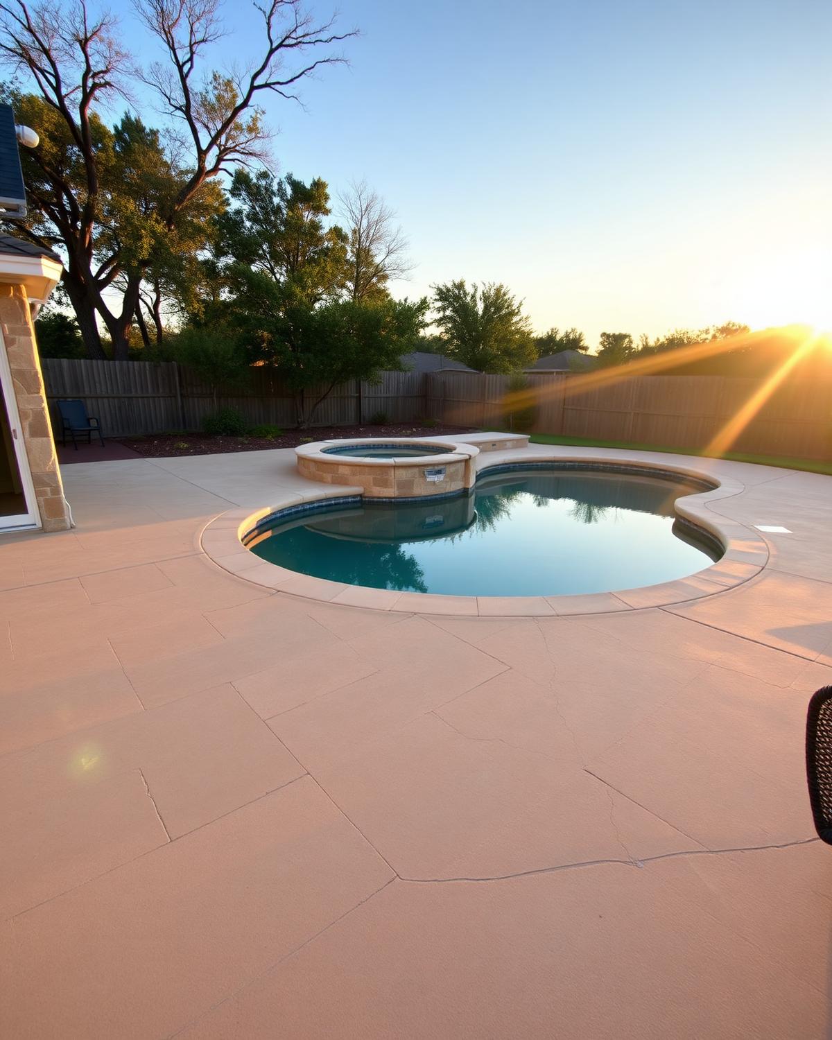 Finished backyard pool deck with stamped concrete and limestone coping in a Central Texas yard at golden hour