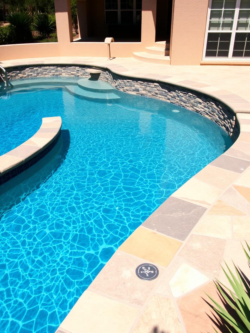 Residential pool deck with flagstone coping beside a stucco San Antonio, Texas home in bright summer sun