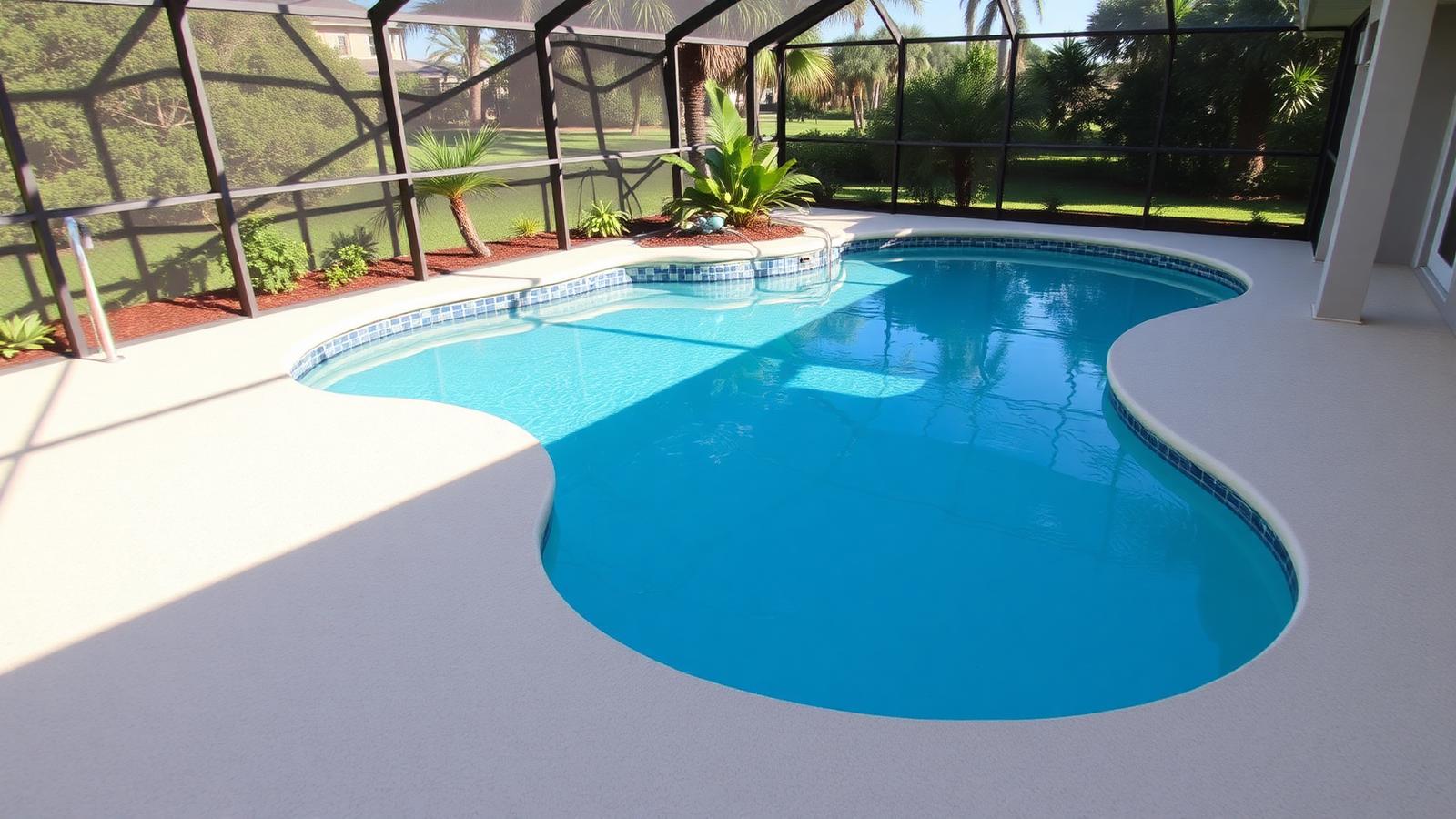 Resurfaced pool deck beside a screened Tampa lanai with tropical planting
