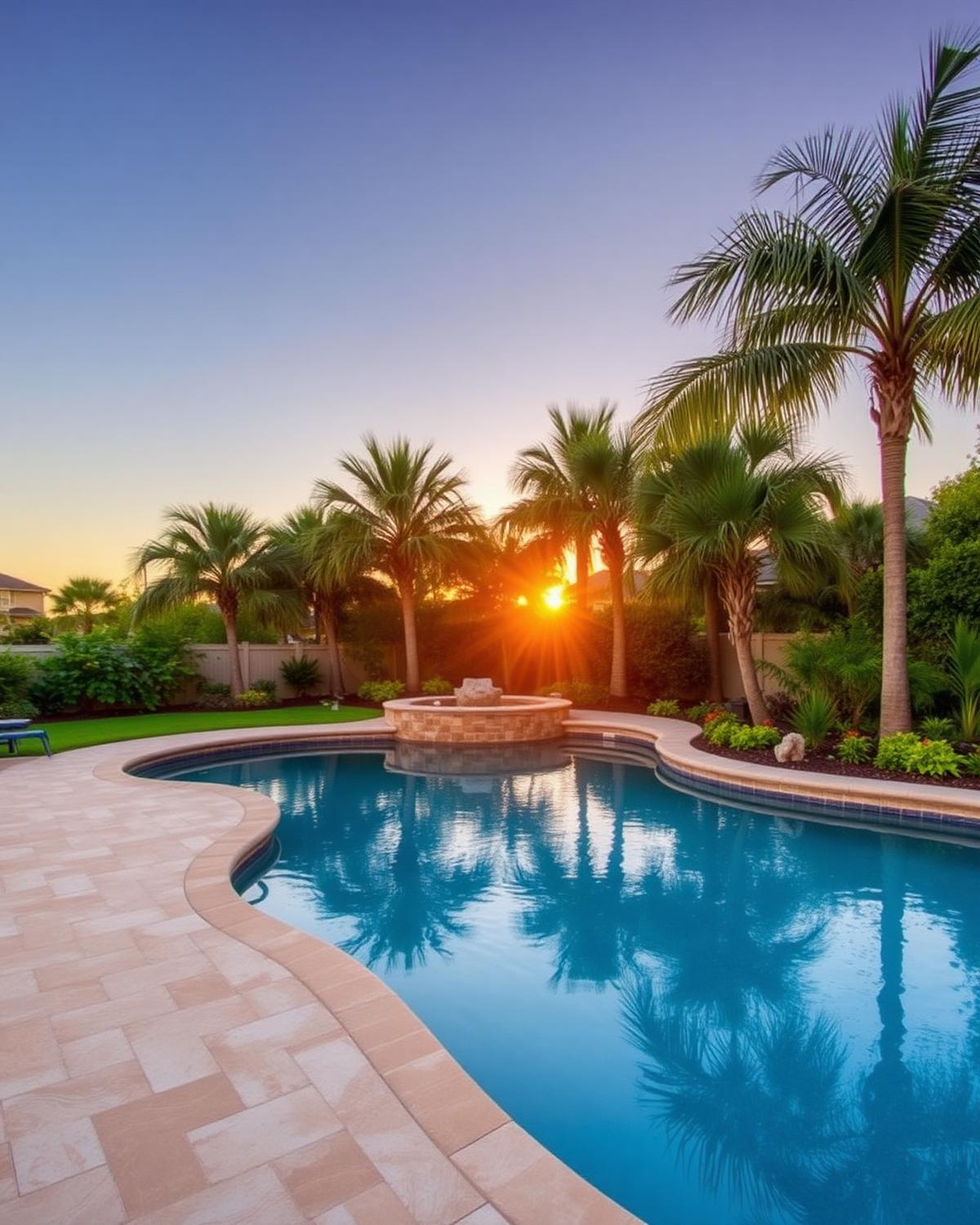 New stone pool deck surrounded by palms in a Houston, Texas backyard at golden hour