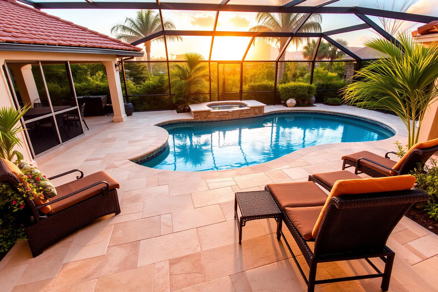 Finished travertine paver pool deck and screened patio at a Miami home in golden hour light