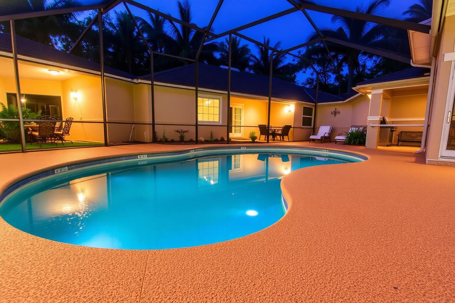 Sun-bleached screened pool cage and resurfaced deck at a Kissimmee vacation rental