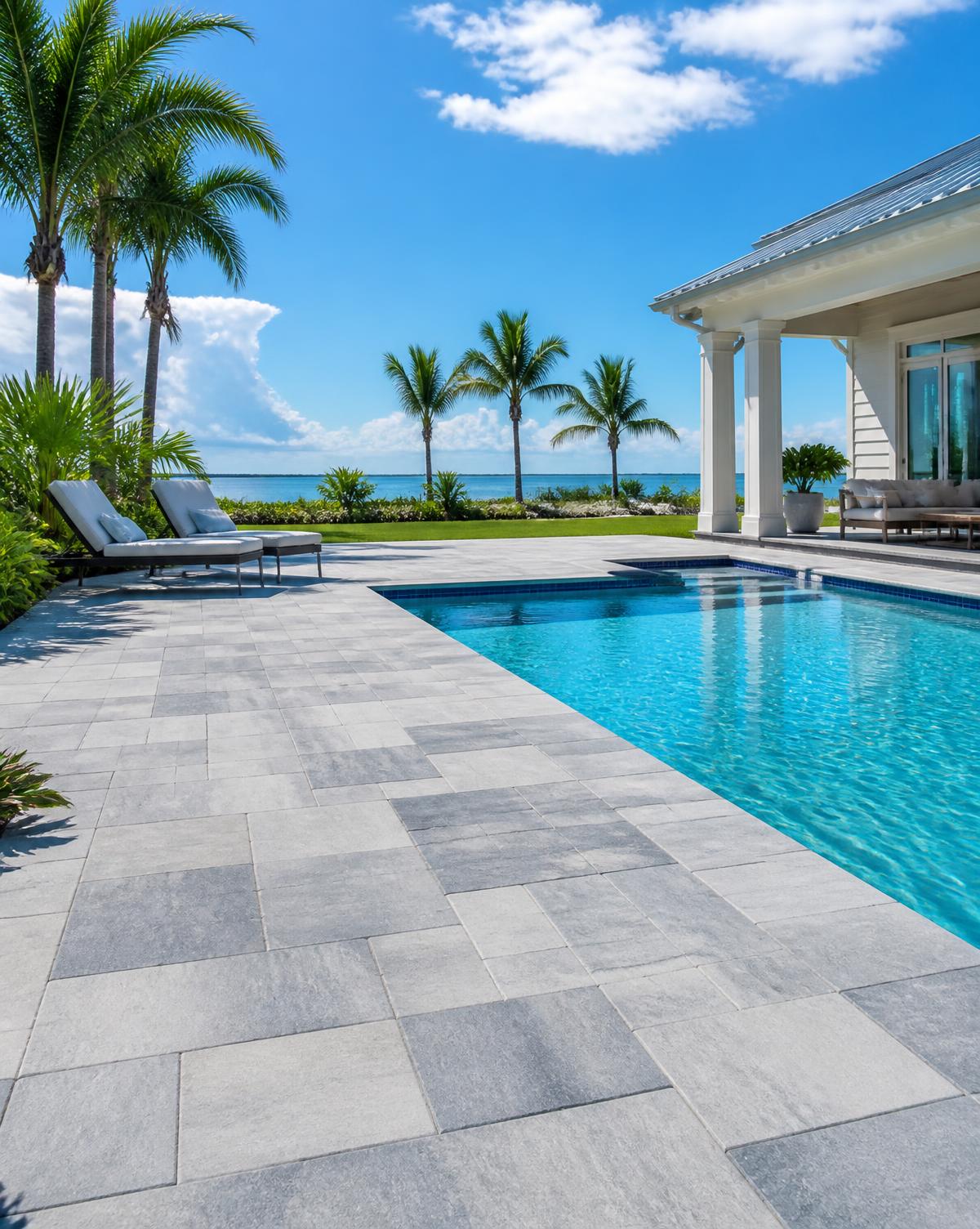 Resurfaced paver pool deck at a St. Petersburg waterfront home overlooking open bay water