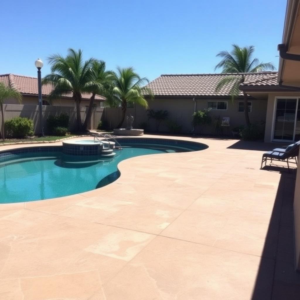 Resurfaced pool deck behind an Anaheim Hills home with new coping and plaster