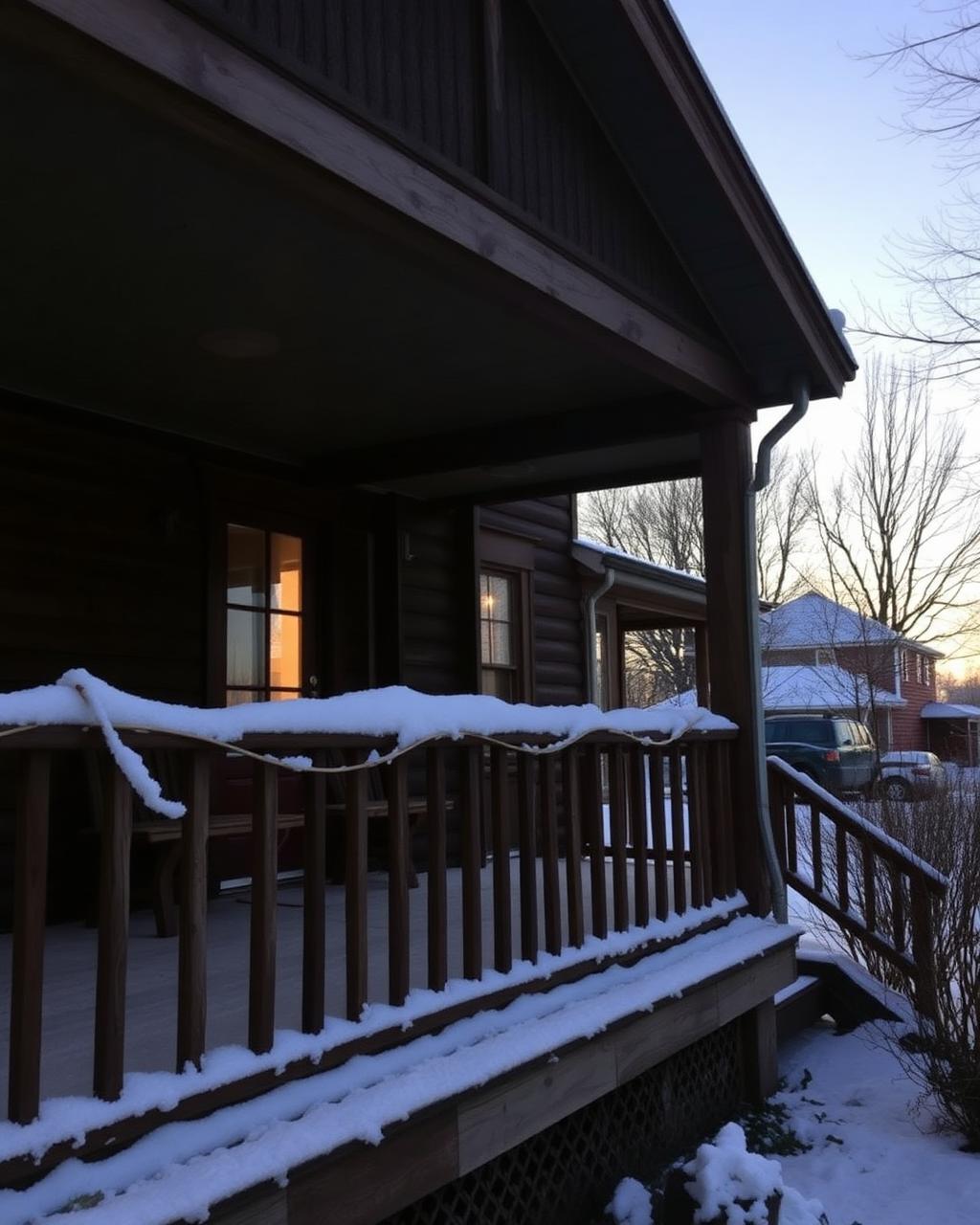 Buffalo porch dusted with lake-effect snow ahead of a spring rebuild