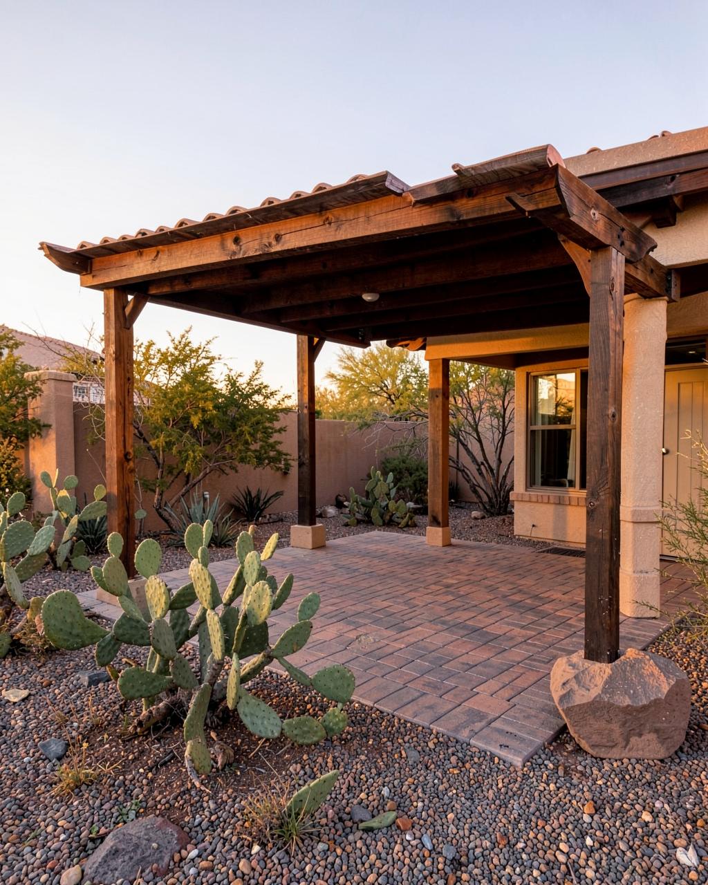 Wood-beam ramada shade structure over a paver patio at a desert home in warm evening light