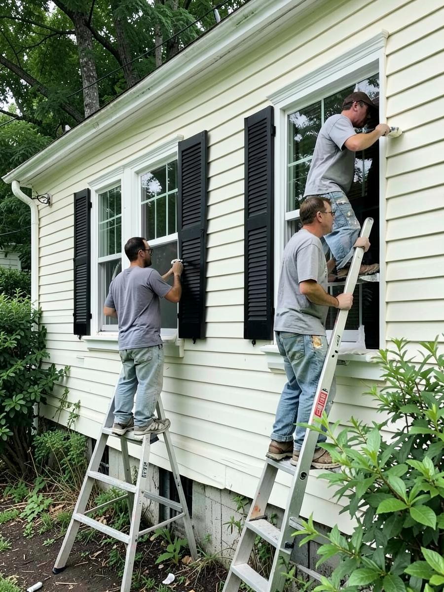 Painters on ladders repainting black shutters and white trim on a pale coastal clapboard house