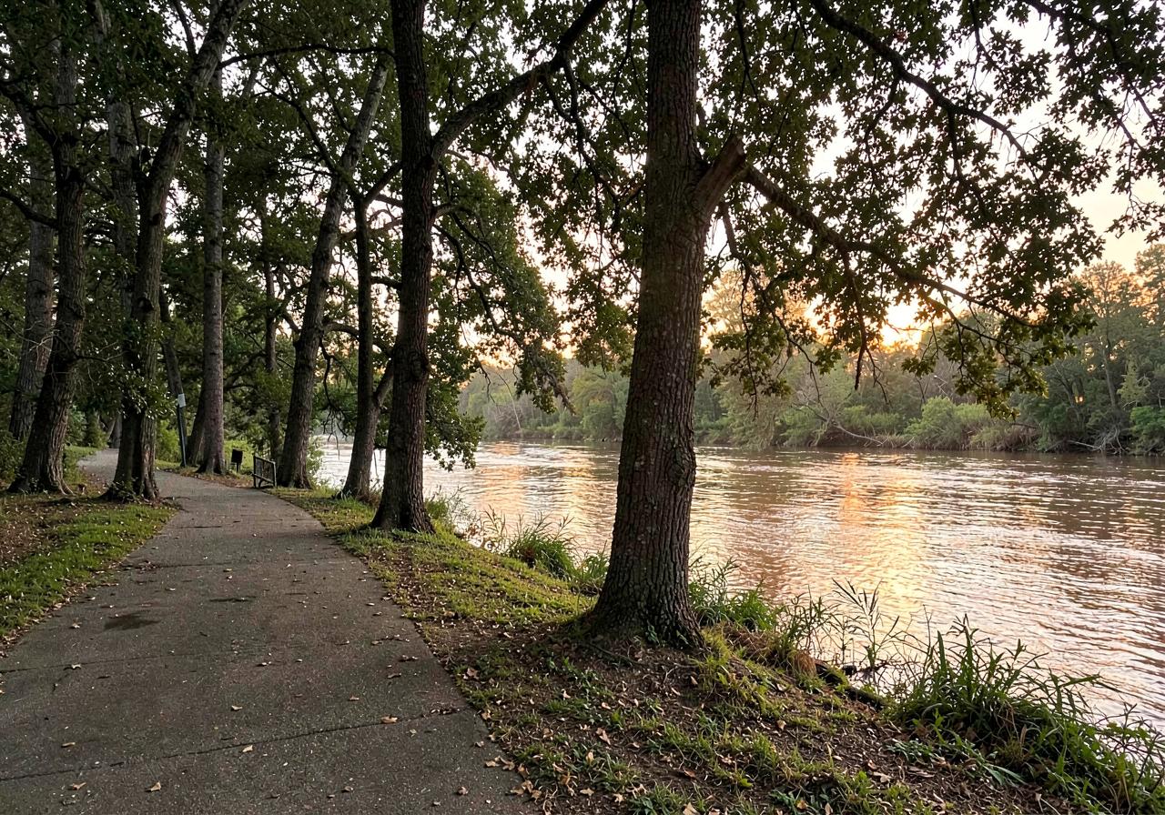 Empty riverside walking path under tall trees beside a slow brown river at golden hour