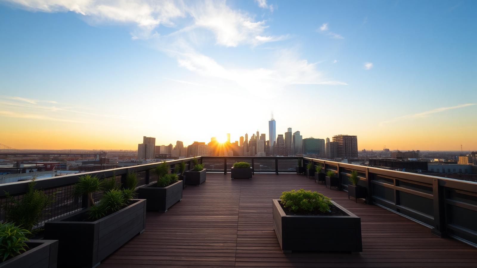 Newly built roof deck on a Williamsburg apartment building with the Manhattan skyline in the background