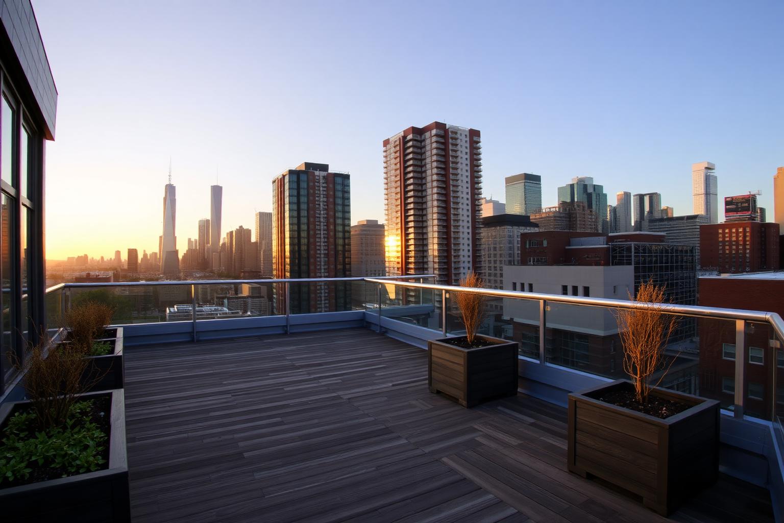 Rooftop deck with string lights overlooking the Chicago skyline at dusk above a multi-unit building