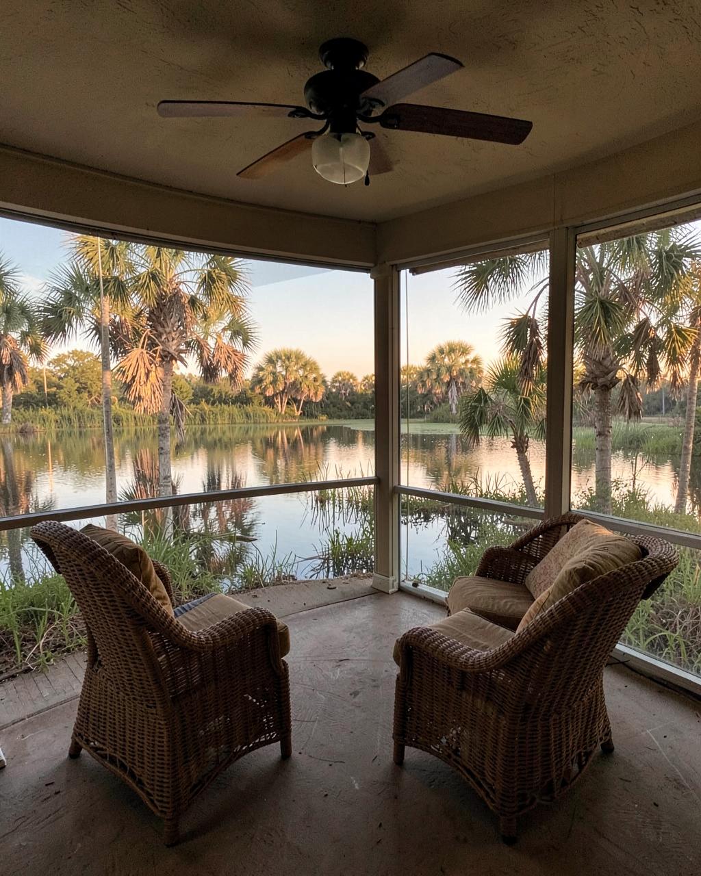 Screened porch with wicker seating overlooking a still lagoon fringed with palmettos