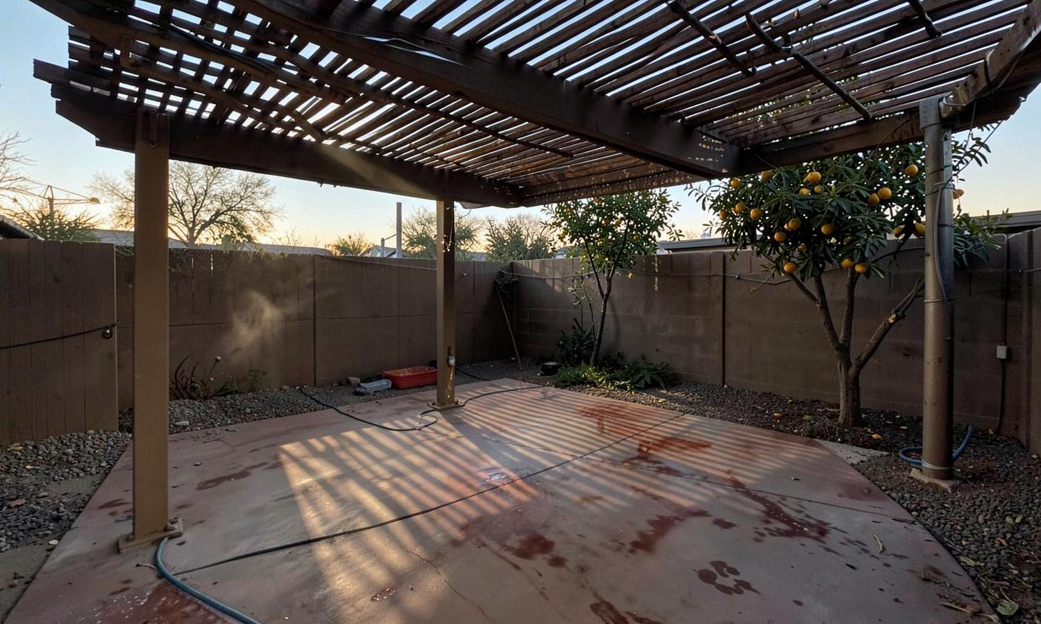 Shaded low desert backyard patio with a slatted pergola casting stripes across a stained concrete slab beside a citrus tree