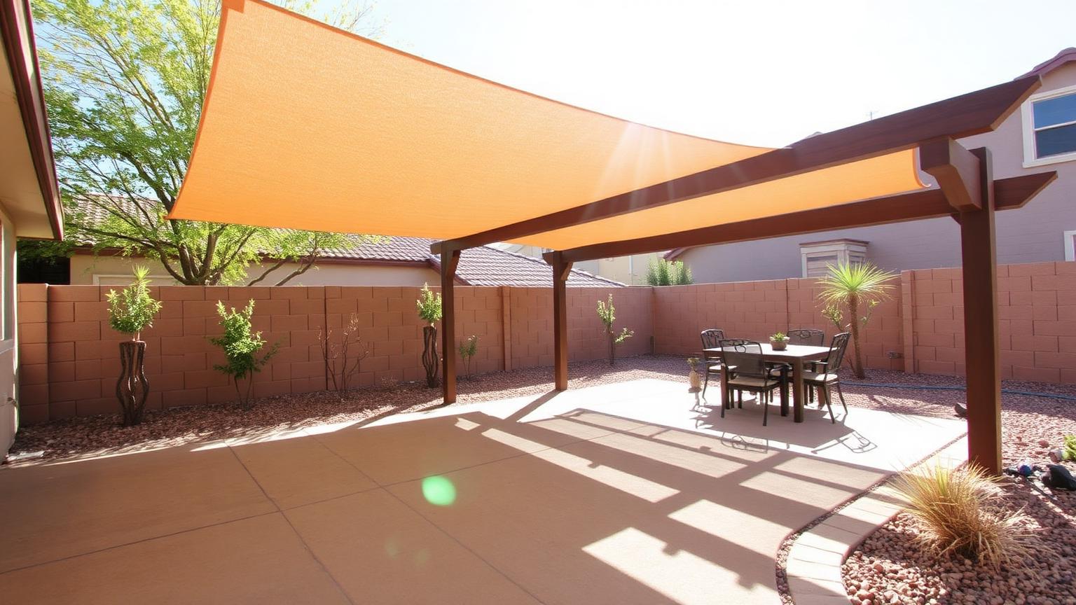 New shade structure over a patio slab in a Woodward Park Fresno backyard