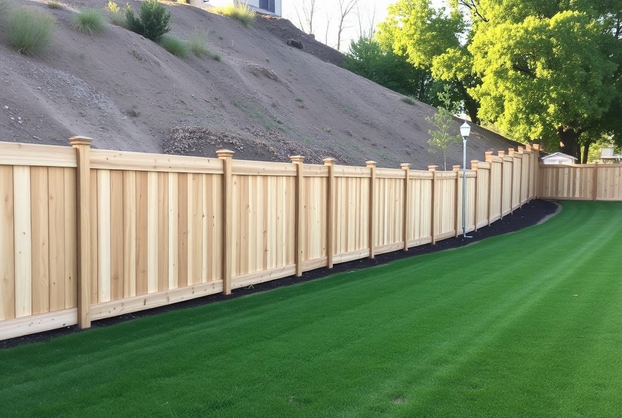 New wooden privacy fence following the grade of a sloping backyard with a hillside treeline behind it
