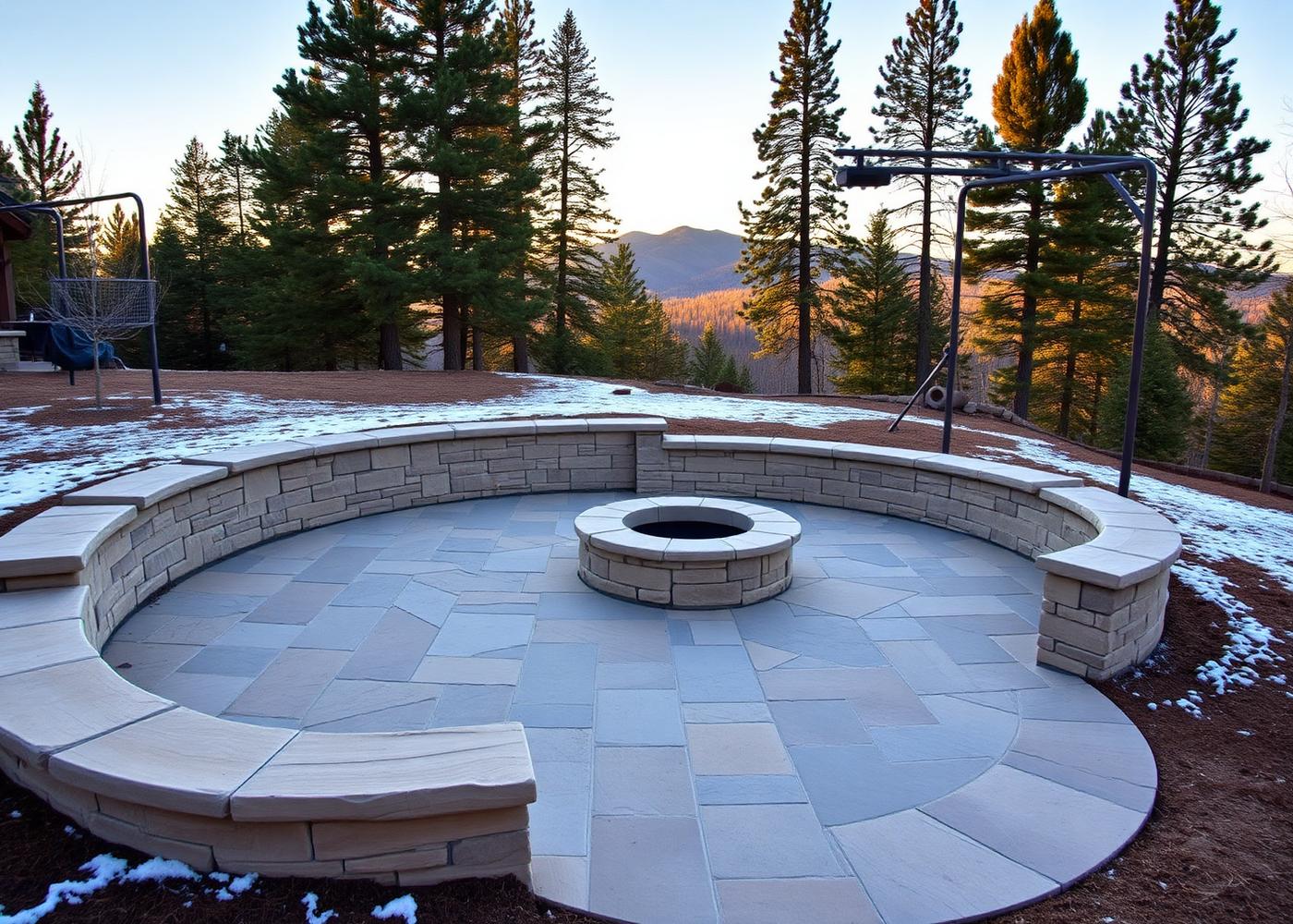 New stone patio with a fire pit and low seating wall on a Park City mountain property