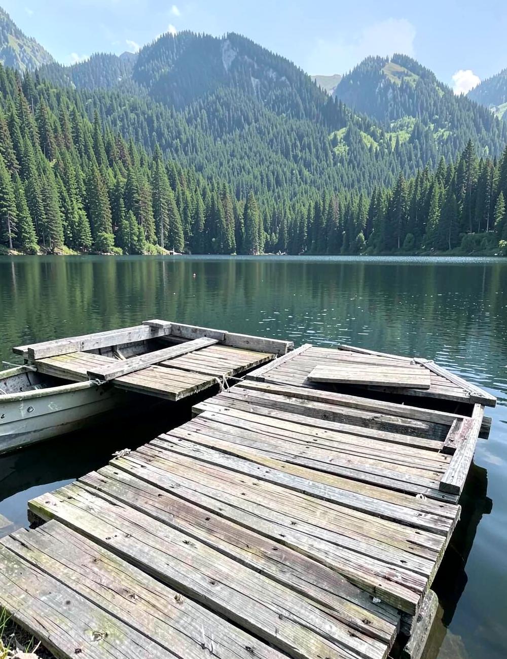 Empty weathered wooden boat slips on a calm forested mountain lake on a summer morning